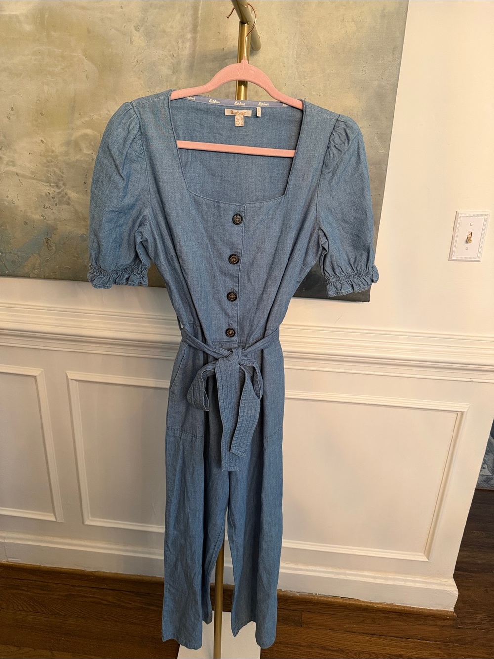 Barbour Chambray Button-Front Jumpsuit with Tie Belt - Light Blue